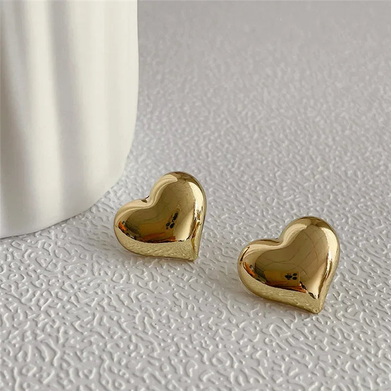 Gold Color Smooth Surface Love Heart Shaped Stud Earrings Minimalist Fashion