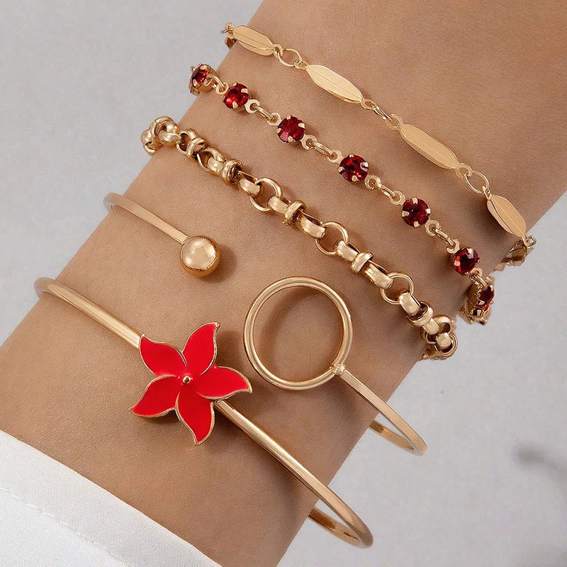 Tocona Charms Colorful Flower Multilayered Open Bracelet Alloy Dropping Oil Beads Bangle 4pcs/Set