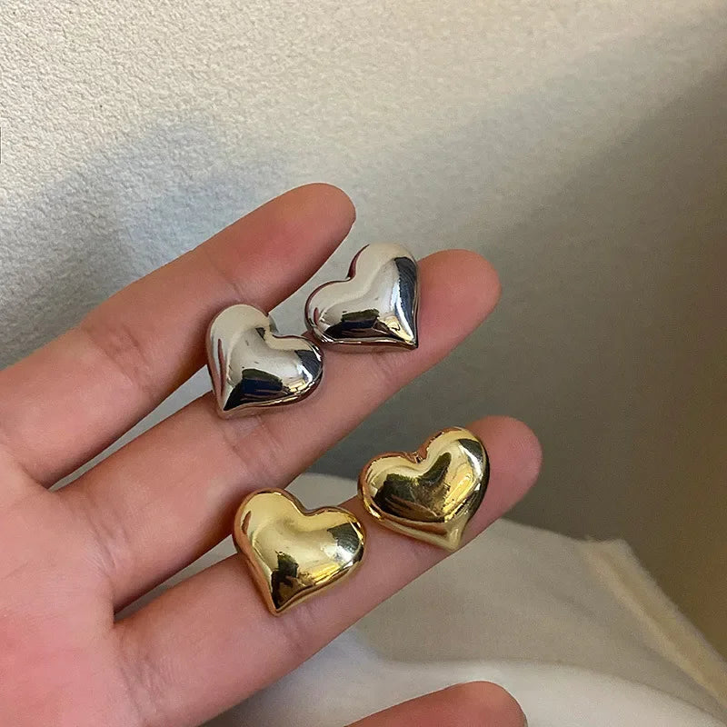 Gold Color Smooth Surface Love Heart Shaped Stud Earrings Minimalist Fashion