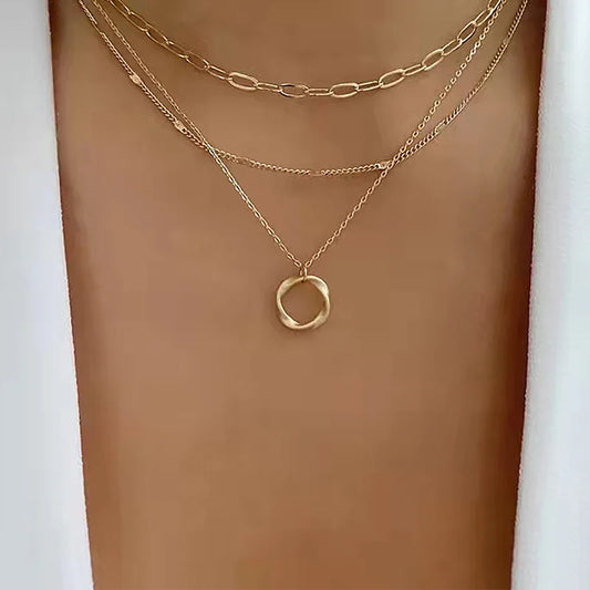 Gold Color Multi Layered Chains Necklace Circle Pendant Vintage Necklaces