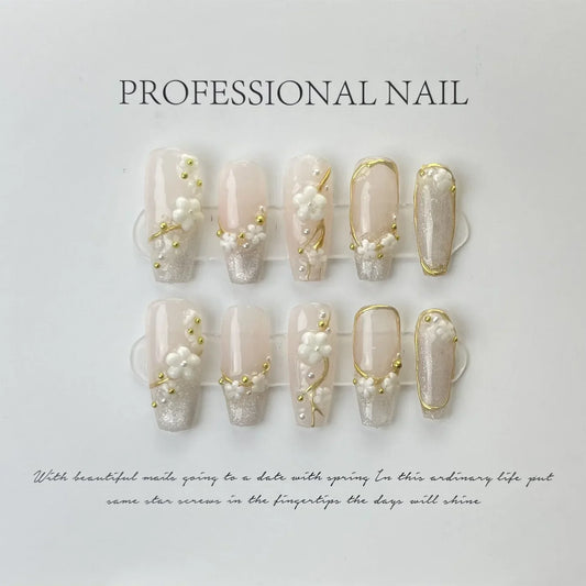 10Pcs Blue Handmade Press On Nails Set Ballet Wearable Artificial False Nails Decoration Nail Art