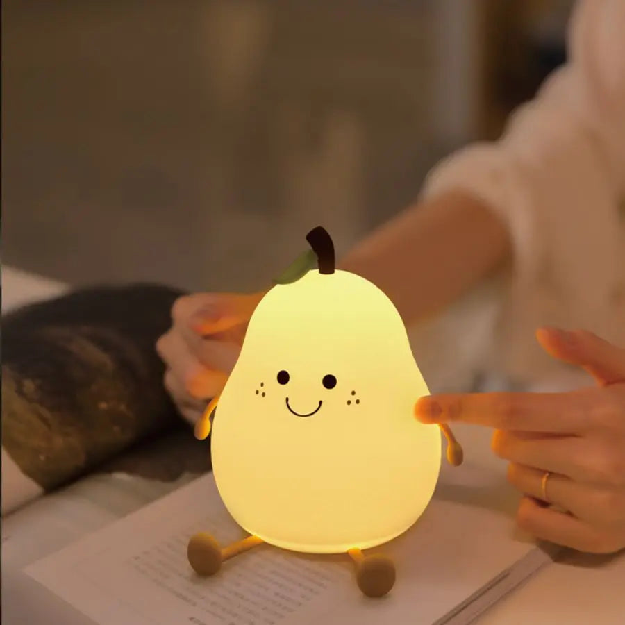 LED Pear Fruit Silicone Night Light 7 Colors Dimming Touch USB Rechargeable Cartoon Bedside Lamp