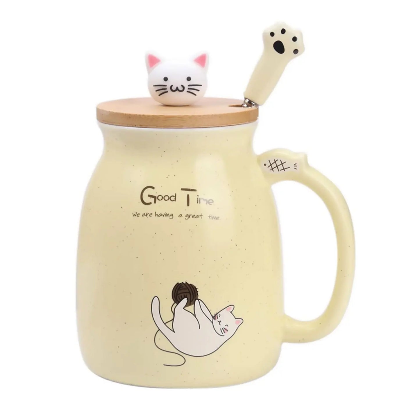 Kawaii Tea Cup Cute Cat Ceramic Coffee Mug with Kitty Lid and Spoon (16oz)