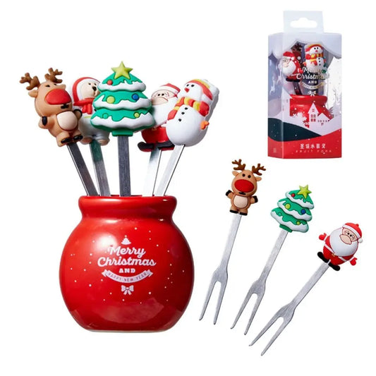 1 Set Christmas Tree Stainless Steel Dessert Fruit Forks With Holder Set Mini Cute Food Cutlery