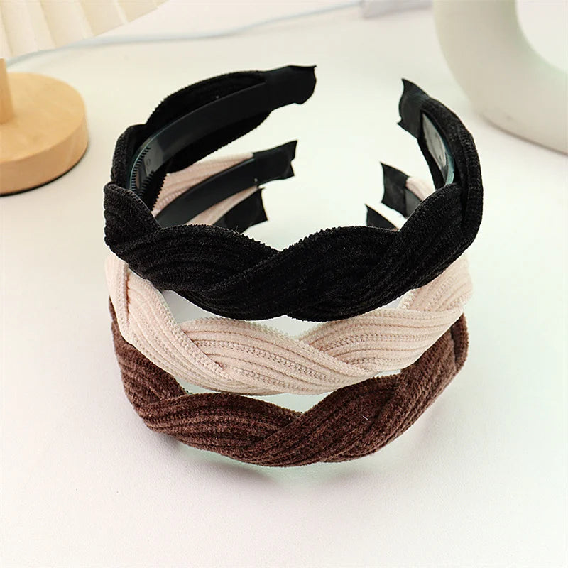 Simple Wide Side Edge Fabric Hair Band Women Fashion Korean Retro Braided Headband Solid Knot Hoop