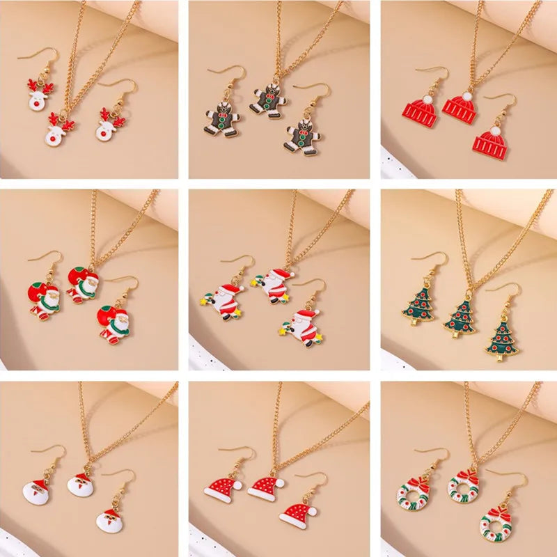 Fashion Christmas Necklace Earrings Jewelry Set Christmas Tree Hat Deer