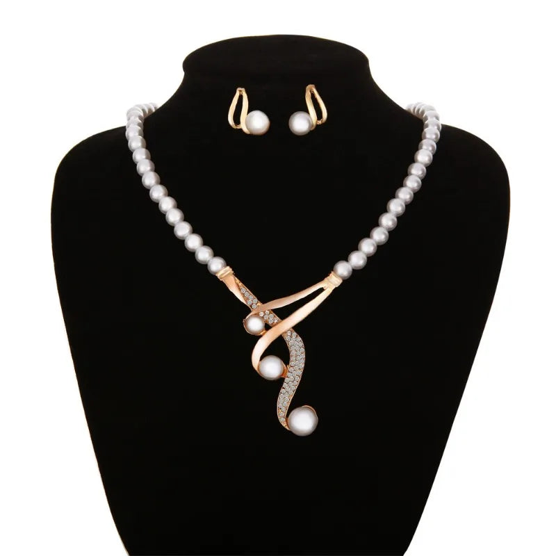 Creative Temperament Geometric Imitation Pearl Necklace Inlaid with Zircon Light Luxury Earring Set