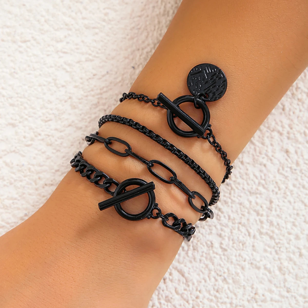 Salircon Gothic Metal Black Paint Box Chain Bracelet  Multi Layer Buckle Bracelet Punk Hip Hop