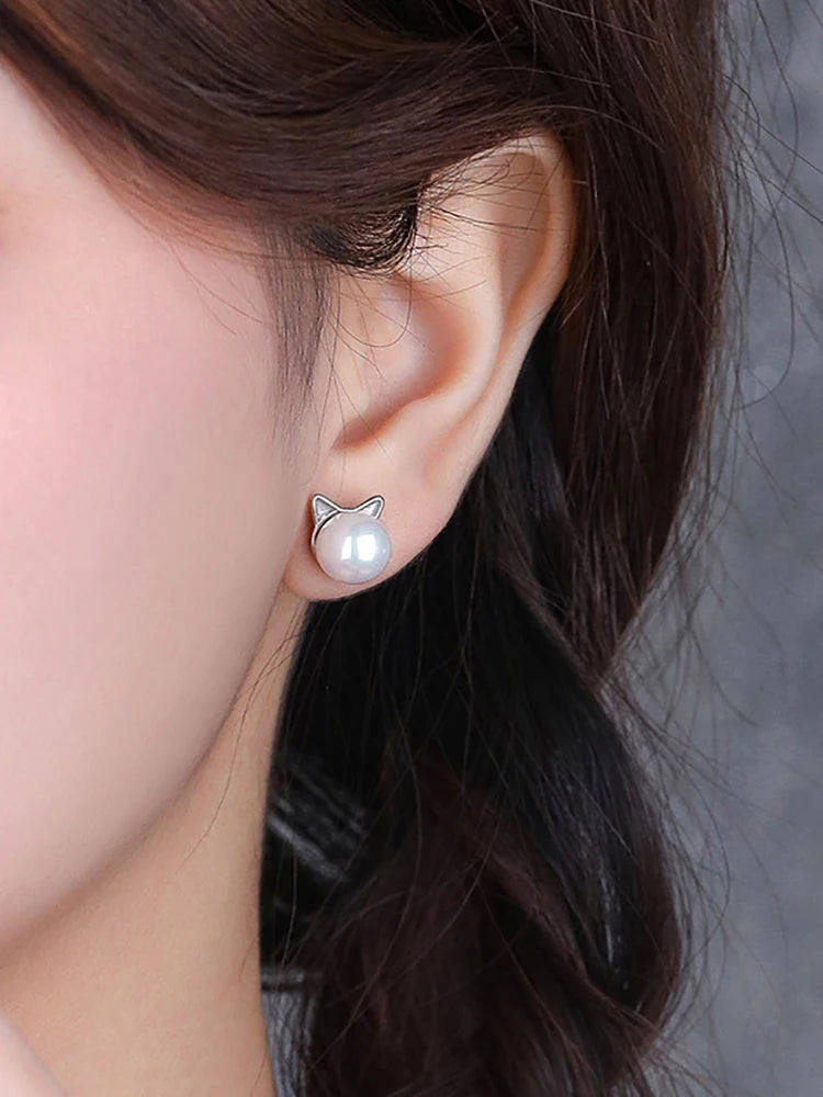 Simple Little Cat Earrings Korean Version Cat Pearl Earrings Versatile Travel Accessories