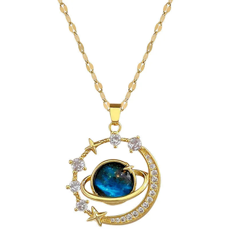 Luxury Inlaid Zircon Planet Moon Pendant Necklace For Women Titanium Steel Butterfly Water Drop Clavicle Chain Charm Jewelry