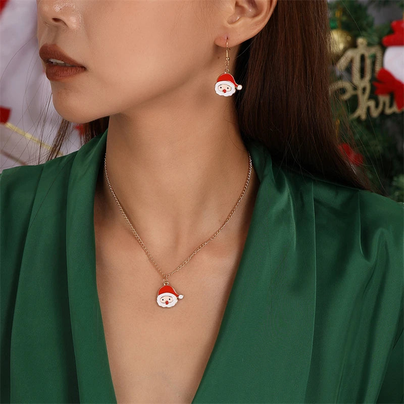 Fashion Christmas Necklace Earrings Jewelry Set Christmas Tree Hat Deer