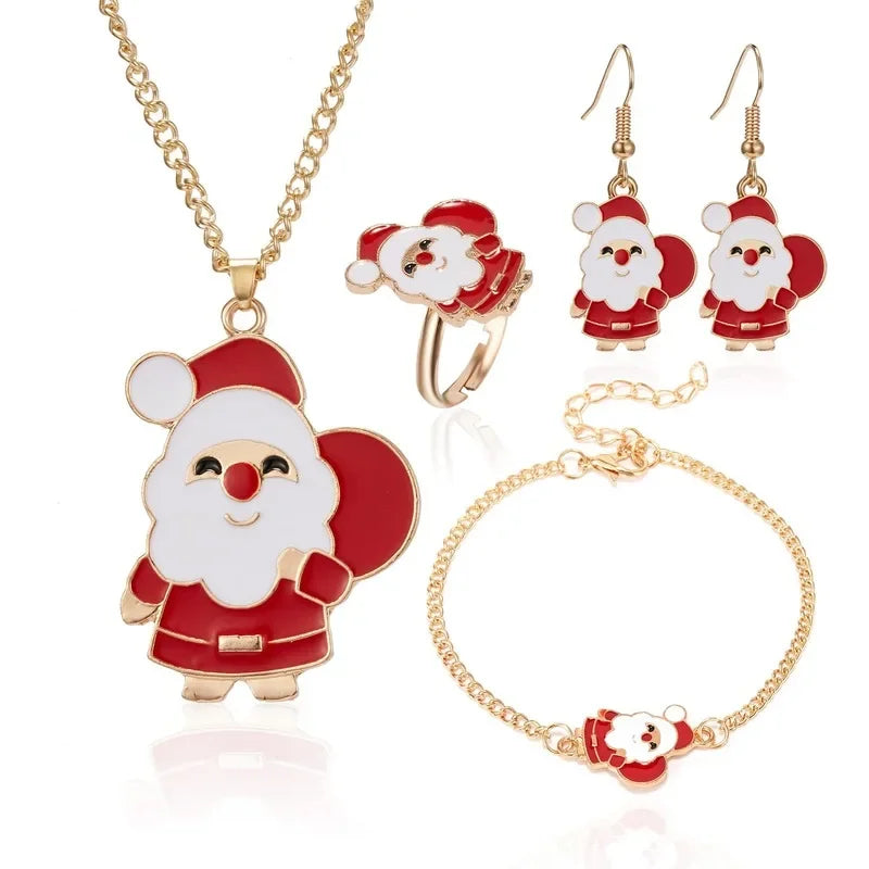 5PCS/Set Christmas Women Alloy Jewelry Set Santa Elk Bell Earrings Necklace Bracelet Decor