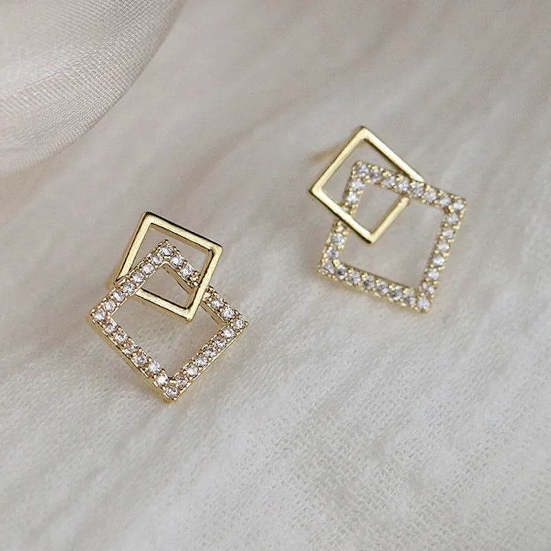 Korean Geometric Double Layers Rhombus Earrings Gold Color Crystal Temperament Earring