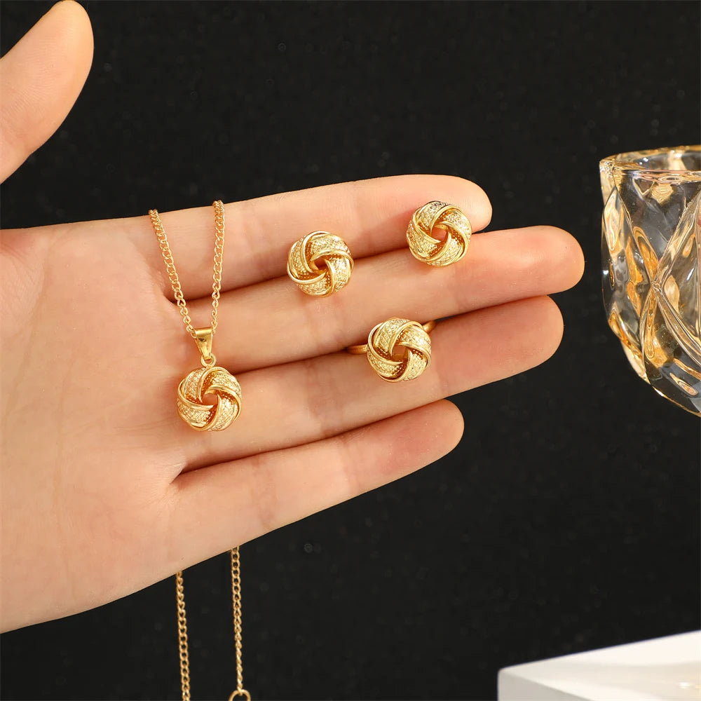 Gold Color Alloy Metal Twist Lucky Knot Earrings Necklace Ring Jewelry Set