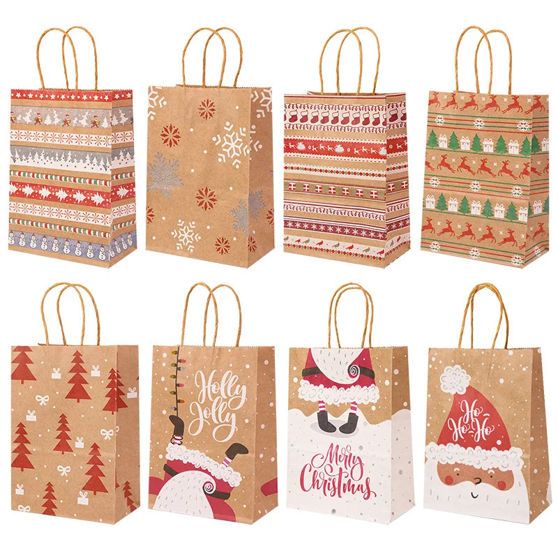 5Pcs Kraft Gift Bags with Handle Elk Snowflake Christmas Tree Merry Christmas Party Packaging Bag