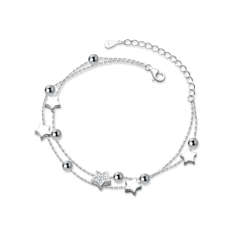 VENTFILLE 925 Stamp Silver Color Star Bracelet Fashion Korean Five-pointed Stars Crystal Double Bracelet