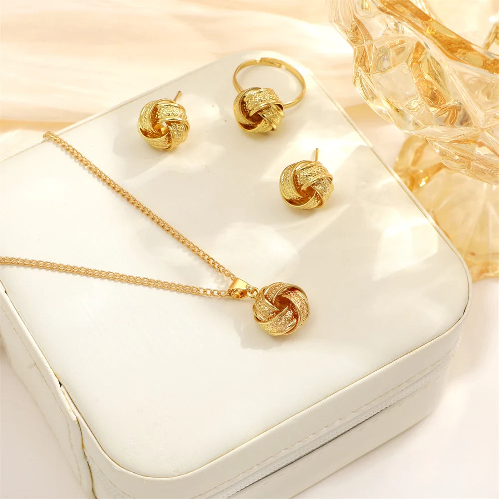 Gold Color Alloy Metal Twist Lucky Knot Earrings Necklace Ring Jewelry Set