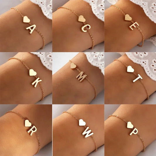 Fashion English Initial Letter Heart Bracelet DIY Personalized Name Bracelets Girls Women Anniversary Jewelry Gifts