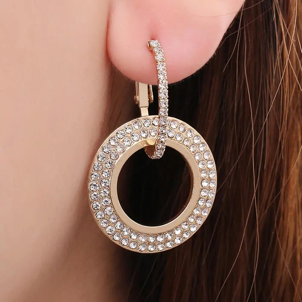 Sparkling Hoop Earrings Creative Geometric Zircon Inlaid Double Ring Drop Earrings