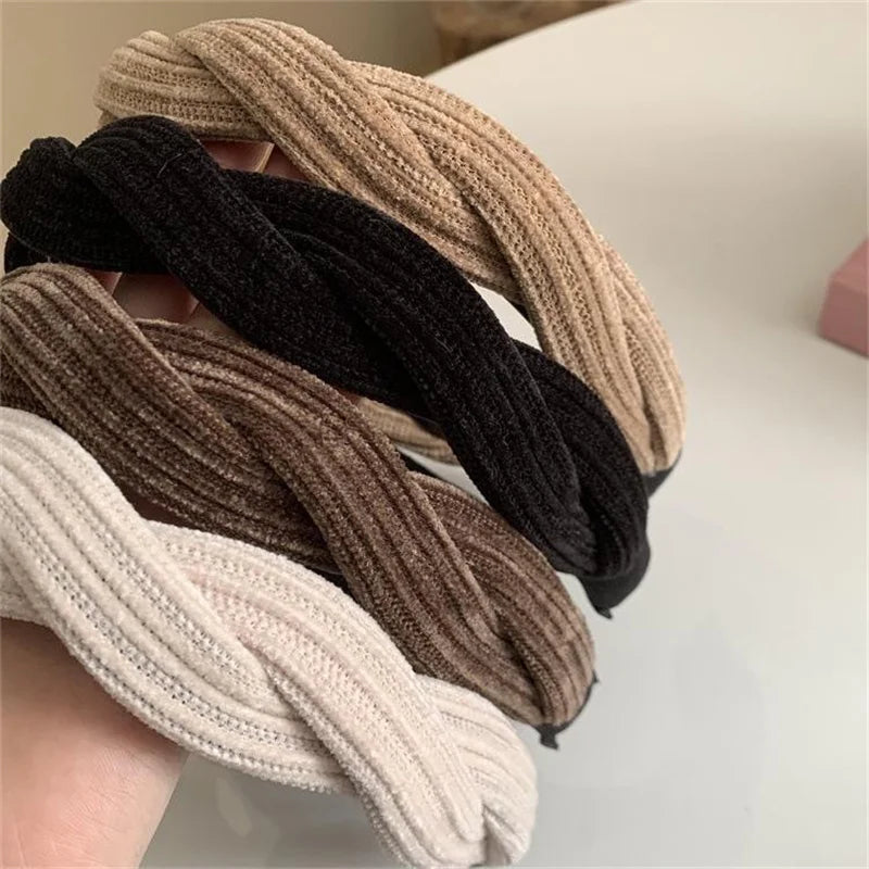 Simple Wide Side Edge Fabric Hair Band Women Fashion Korean Retro Braided Headband Solid Knot Hoop