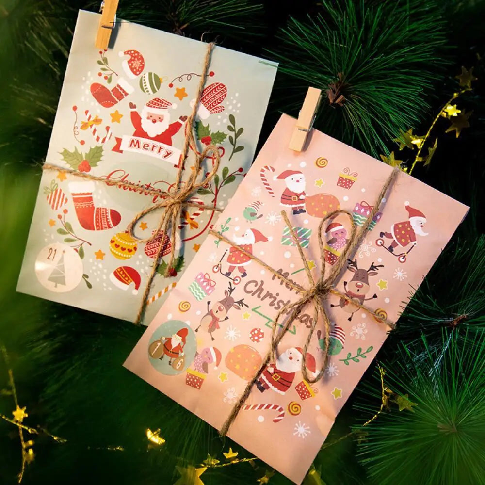 24Pcs Christmas Gifts Bags Paper Countdown Candy Wrapping Pouch Goodies Snack Treat Bags