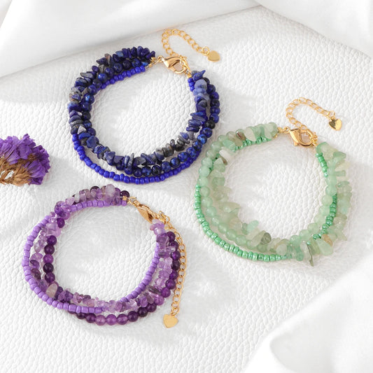 Bohemian Multilayer Rice Beaded Gravel Bracelets Set Natural Stone Amethysts Bracelet Bangles