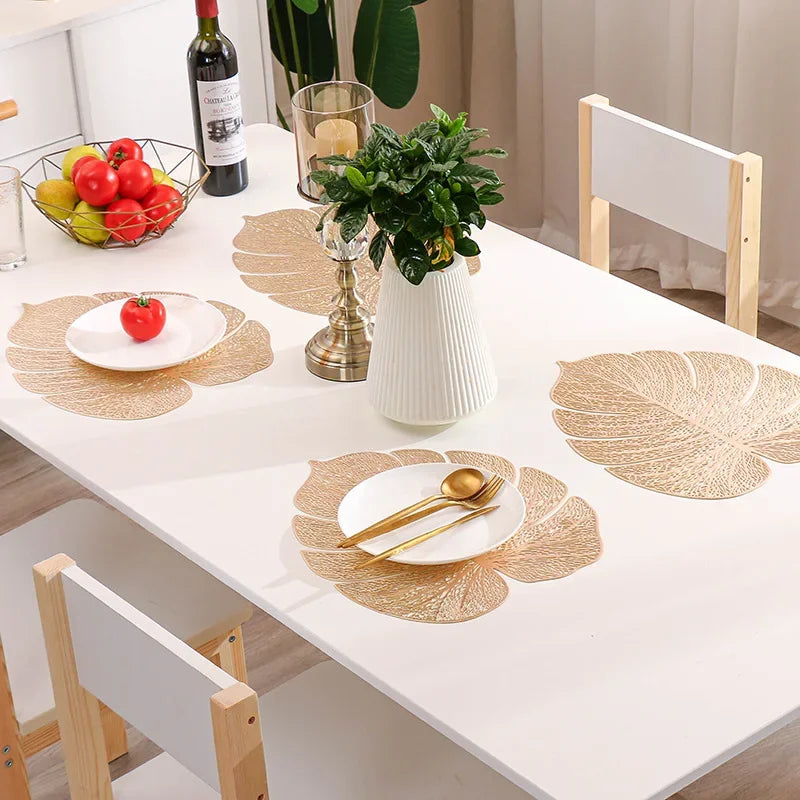 Leaf shape Placemats  Dining Table Decoration Pad Dinner Cutout Hangable Gold Tablemat 6/4/2 Pcs