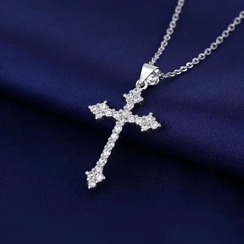 White Gold-color Necklace Simple Cold Style Set With Glass Rhinestones Cross Copper Alloy Pendant