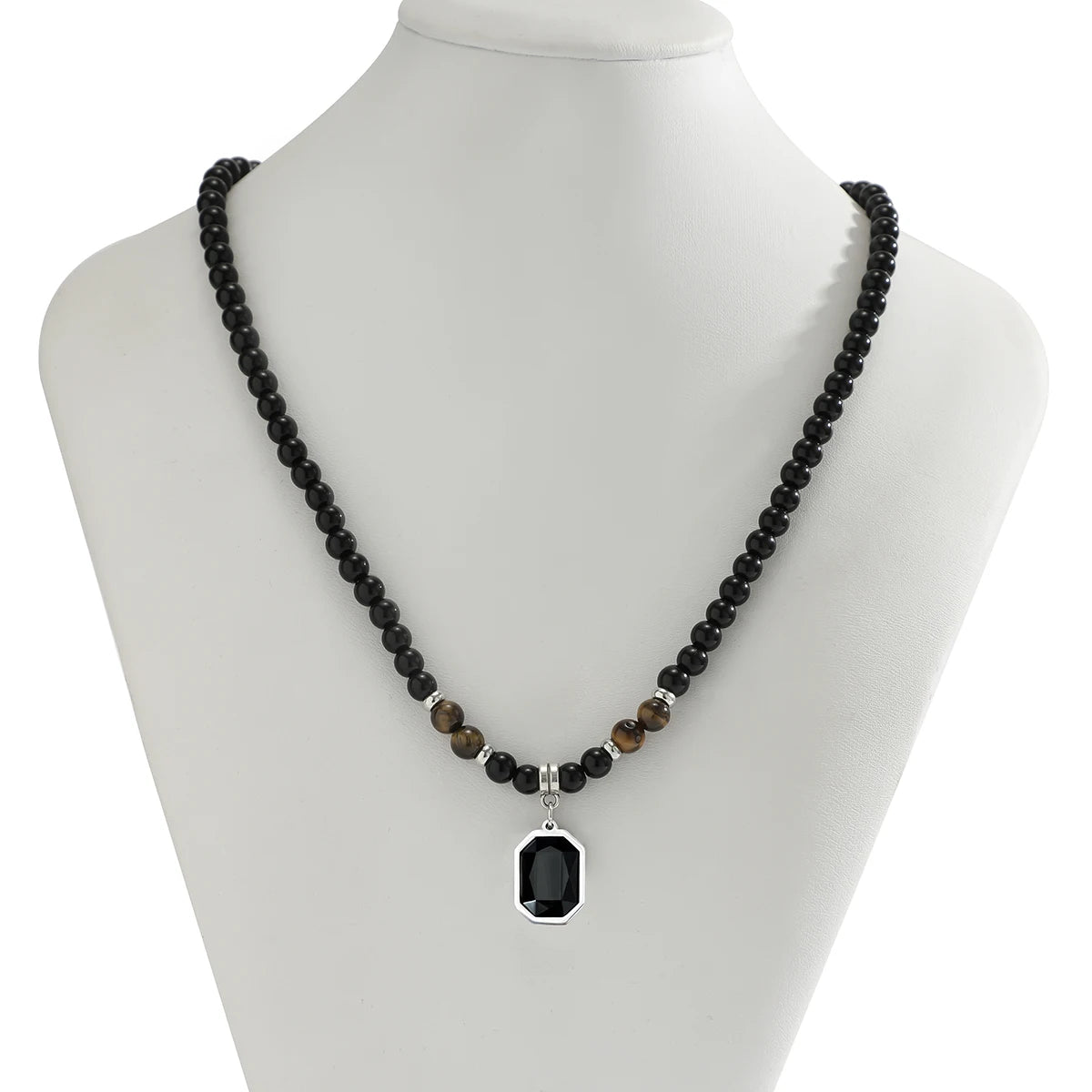 Salircon Black Tiger Stone Beaded Clavicle Necklace Punk Geometric Stainless Steel Pendant Choker