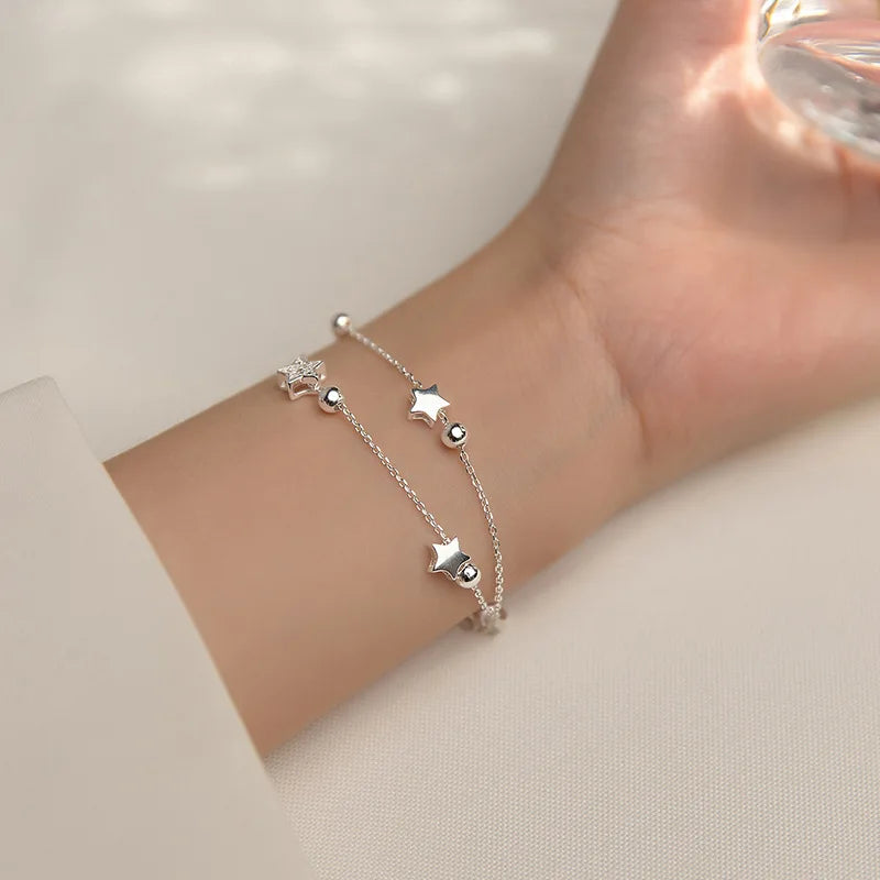 VENTFILLE 925 Stamp Silver Color Star Bracelet Fashion Korean Five-pointed Stars Crystal Double Bracelet