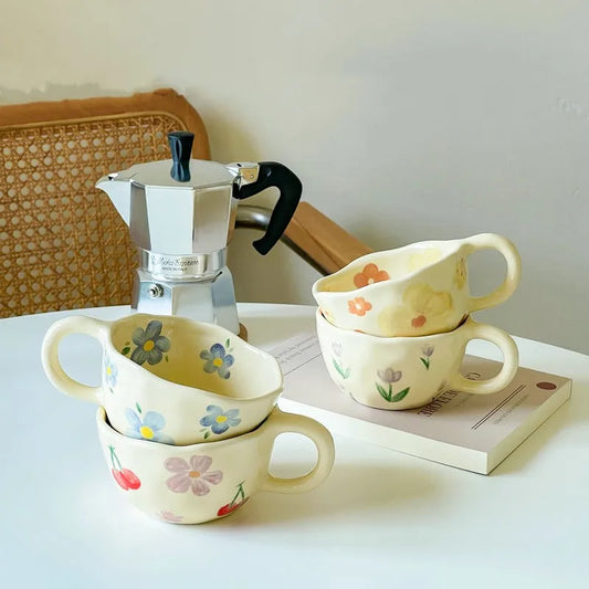 Hand Pinched Irregular Flower Ceramic Mugs Coffee Cups Milk Tea Cup