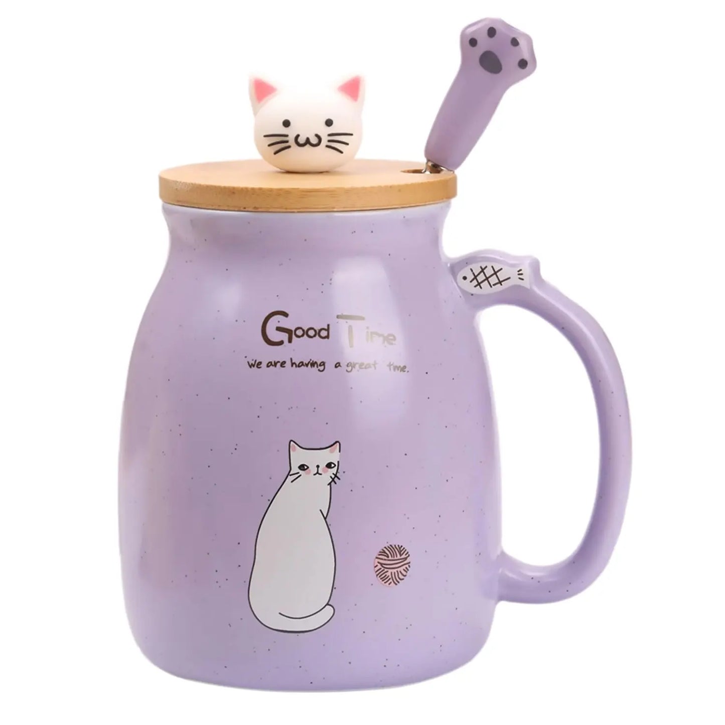 Kawaii Tea Cup Cute Cat Ceramic Coffee Mug with Kitty Lid and Spoon (16oz)