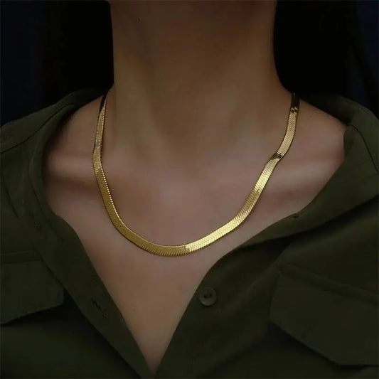 Gold 4MM Flat chain Necklace  Luxury Fine Jewelry choker Clavicle