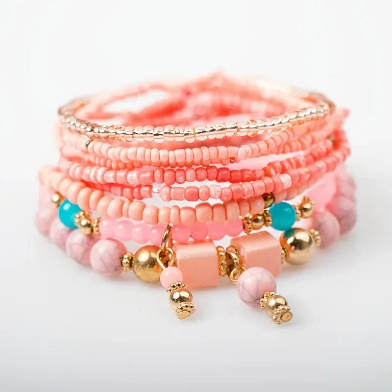 Bohemian Handmade Beads Bracelet Set  Summer Colorful Beaded Chain Bangle