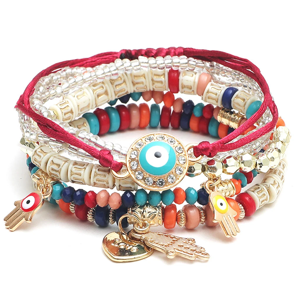 Bohemian Evil Eye Bracelet Set  Fatima Hand Heart Charm Beaded Rope Chain (6Pcs/set)