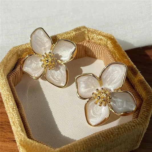 Hibiscus Dropped Glaze Flower Stud Earrings for Women Girl French Ins Vintage  Fashion Korean Wedding Romantic Jewelry Gifts