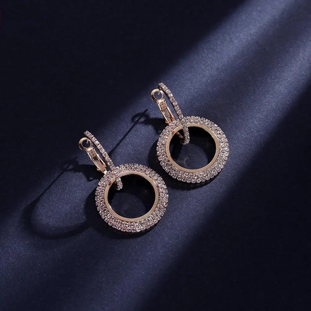 Sparkling Hoop Earrings Creative Geometric Zircon Inlaid Double Ring Drop Earrings