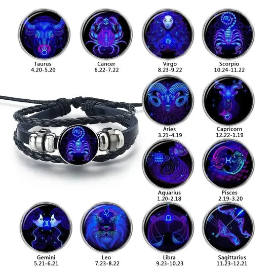 Constellation Zodiac Sign Charm Luminous Bracelets  Vintage Multilayer Wrap Leather Bracelet