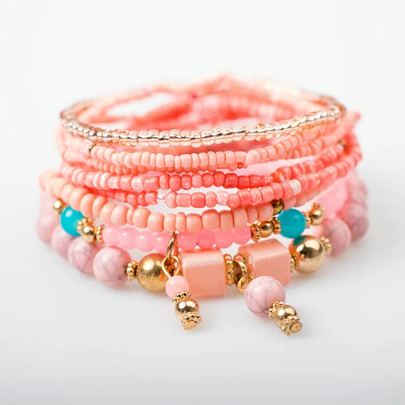 Bohemian Handmade Beads Bracelet Set  Summer Colorful Beaded Chain Bangle