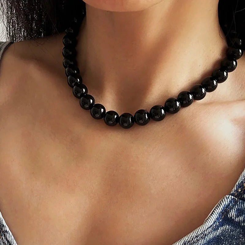 Trend Elegant Jewelry Wedding Big Pearl Necklace  Fashion Black Imitation Pearl Choker Necklace