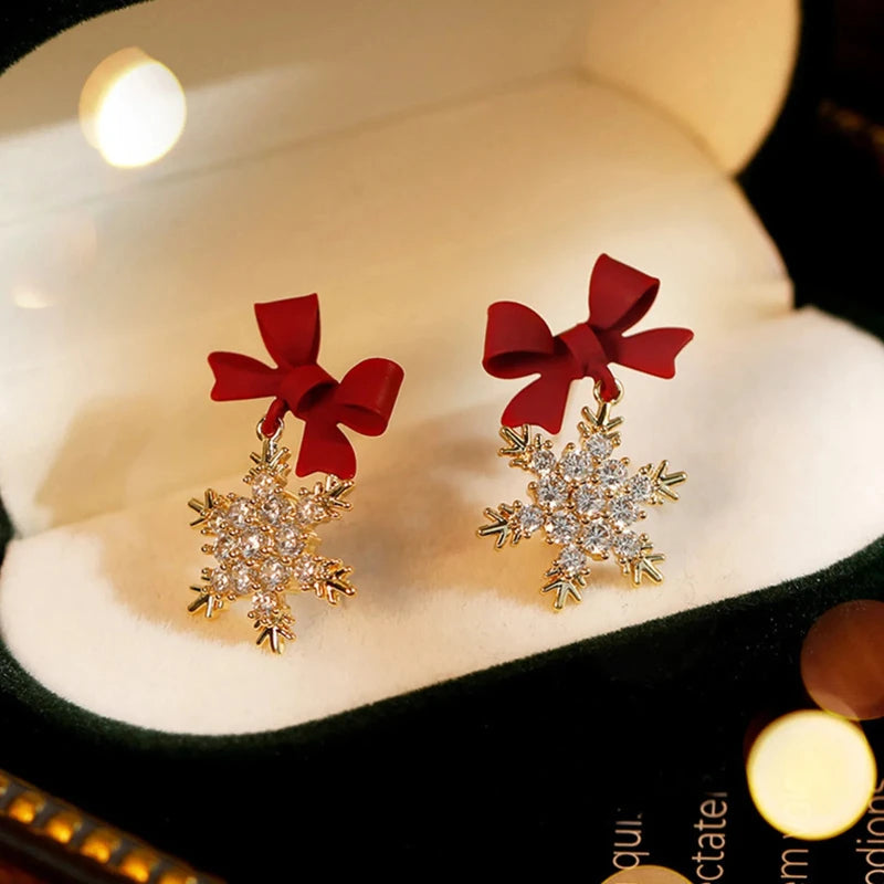 New Red Bow Knot Snowflakes Drop Earring