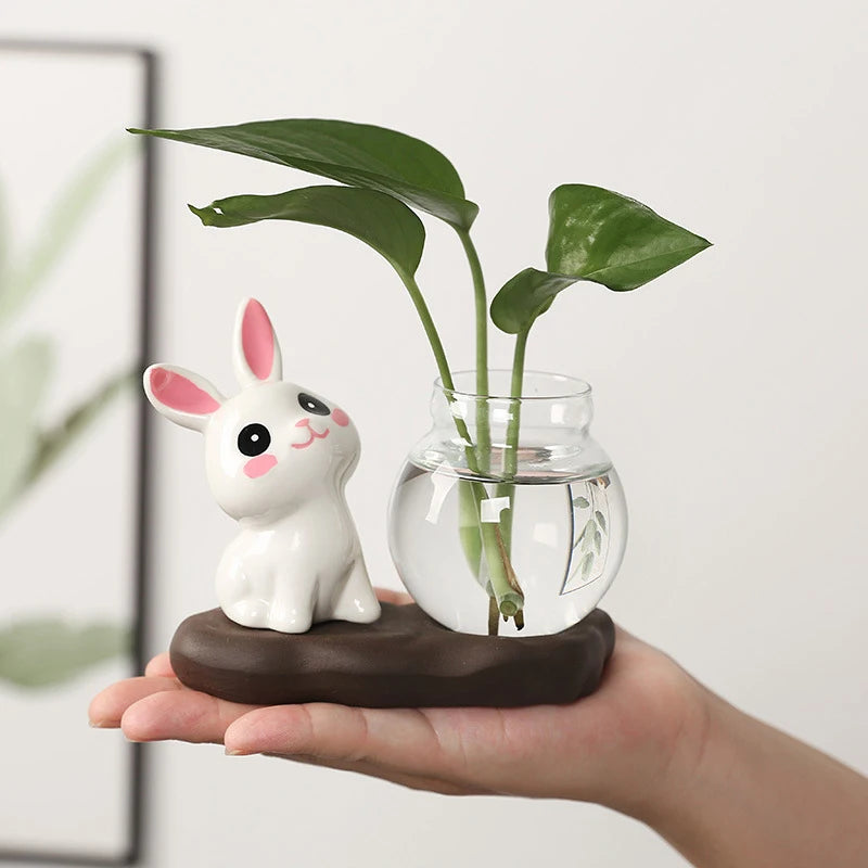 Transparent Glass Aquatic Vase Ceramics Rabbit Hydroponic Plant Vases