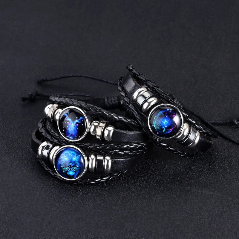 Constellation Zodiac Sign Charm Luminous Bracelets  Vintage Multilayer Wrap Leather Bracelet