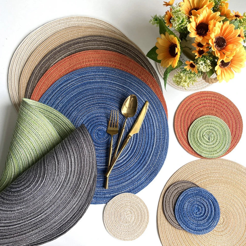 4pcs Round Table Mat Woven Ramie Placemats Anti Slip Dining Table Mats