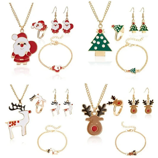 5PCS/Set Christmas Women Alloy Jewelry Set Santa Elk Bell Earrings Necklace Bracelet Decor