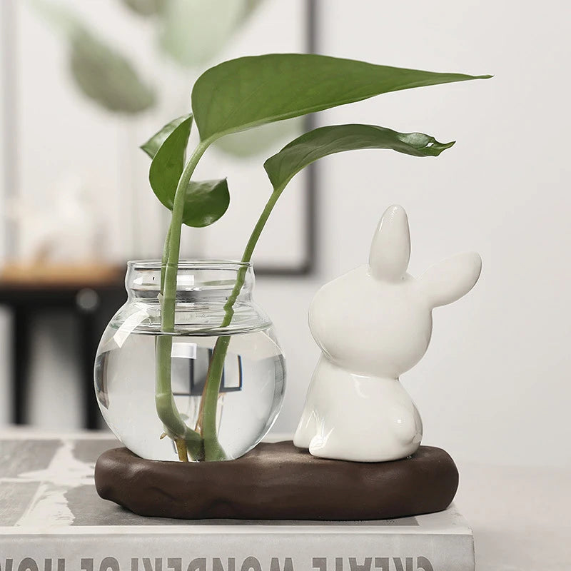 Transparent Glass Aquatic Vase Ceramics Rabbit Hydroponic Plant Vases