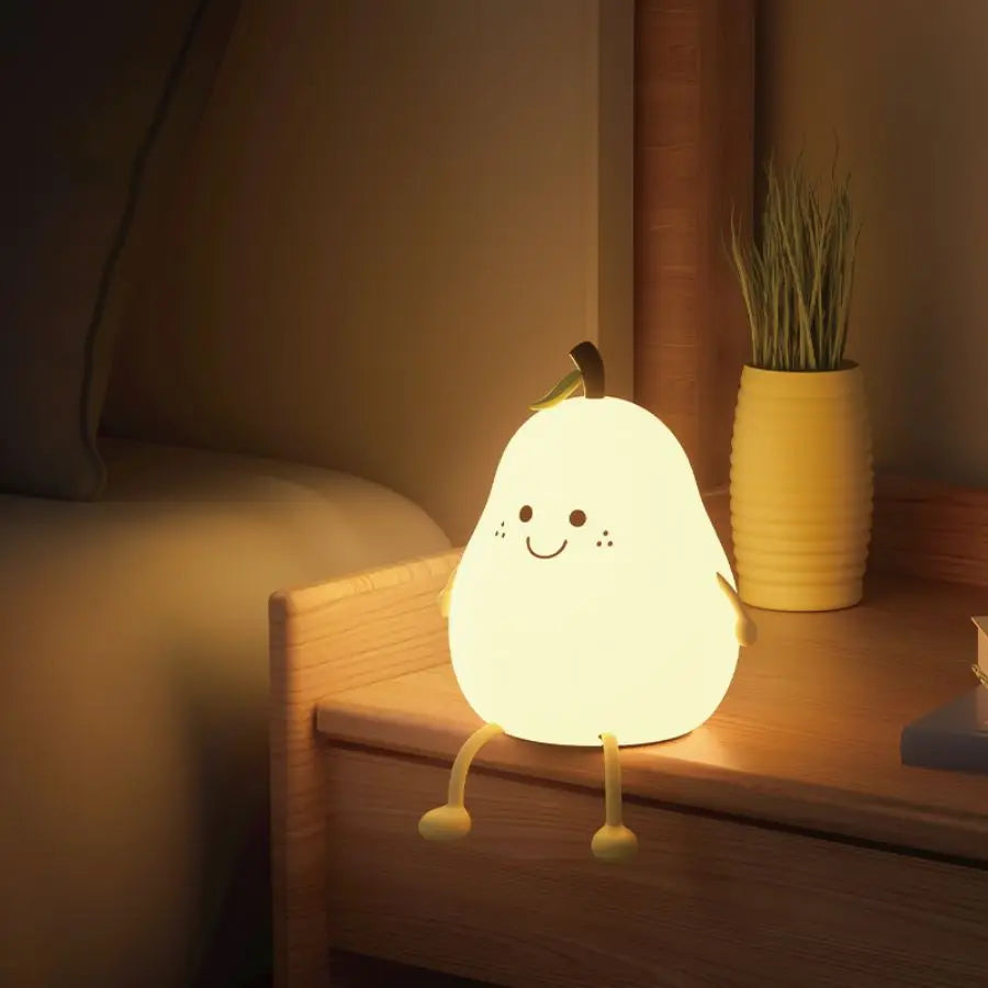 LED Pear Fruit Silicone Night Light 7 Colors Dimming Touch USB Rechargeable Cartoon Bedside Lamp