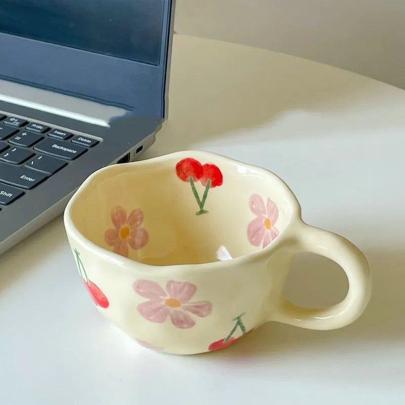 Hand Pinched Irregular Flower Ceramic Mugs Coffee Cups Milk Tea Cup