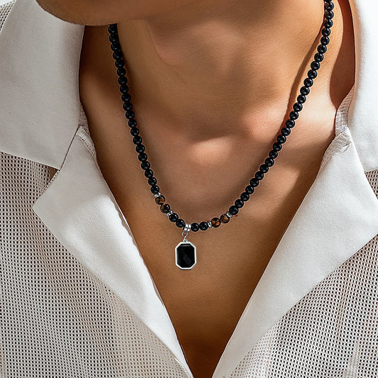 Salircon Black Tiger Stone Beaded Clavicle Necklace Punk Geometric Stainless Steel Pendant Choker