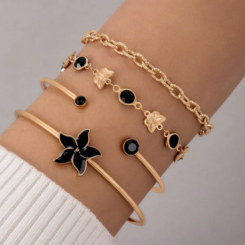 Tocona Charms Colorful Flower Multilayered Open Bracelet Alloy Dropping Oil Beads Bangle 4pcs/Set